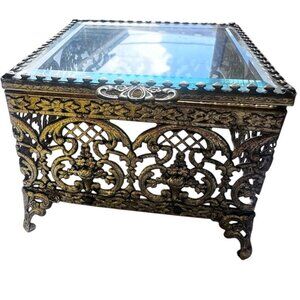 A/Q Ormolu Gold-Tone Filigree Metal Beveled Glass Jewelry Trinket Box Hinged Lid